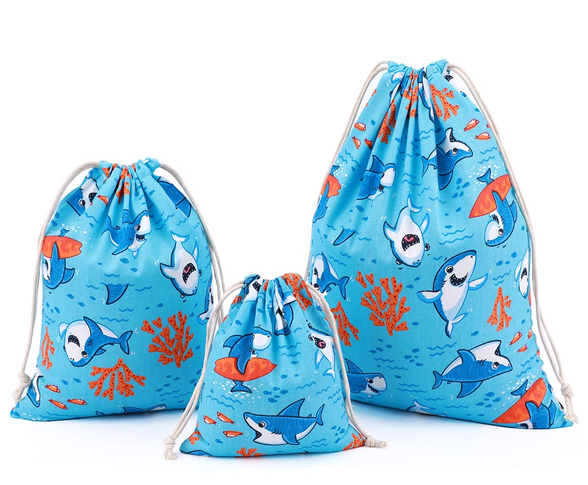 Amoyie 3 pcs Drawstring Storage Bags Set for Boy, Cotton Organizer Bag for Toy Sock Clothes, Blue Surfing Whale
