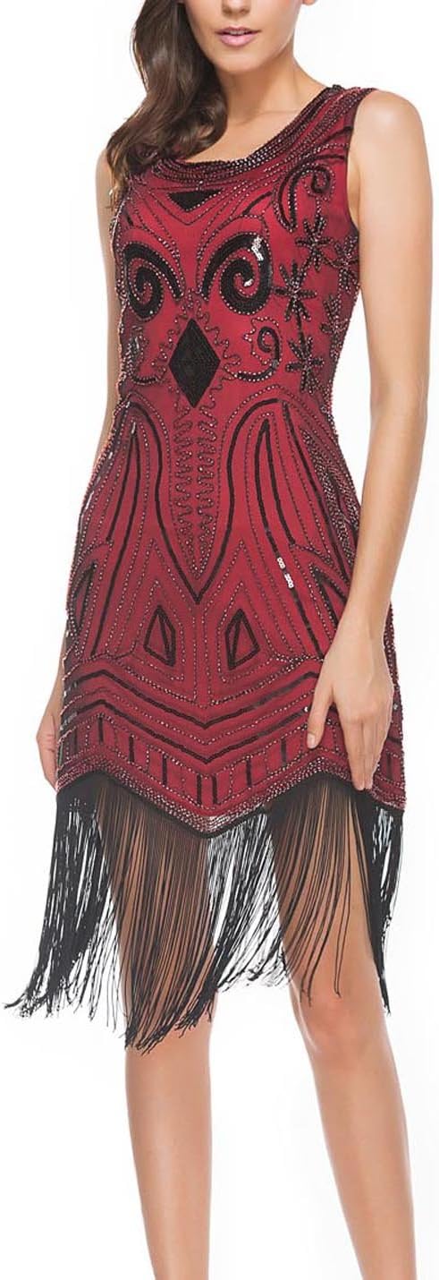 Women's Art Nouveau Deco Flapper Dresses- Vintage Beaded Sequin Fringed Cocktail Gatsby Dresses (M, red-1)
