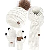 Remifa Winter Beanie Hat Scarf Gloves Set for Women, Slouchy Pom Pom Hat Long Knit Scarf Touchscreen Gloves Christmas Gifts