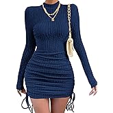 MITILLY Formal Long Sleeve Dress for Women Fall Eleagnt Bodycon Ruched Drawstring Cocktail Mini Dresses