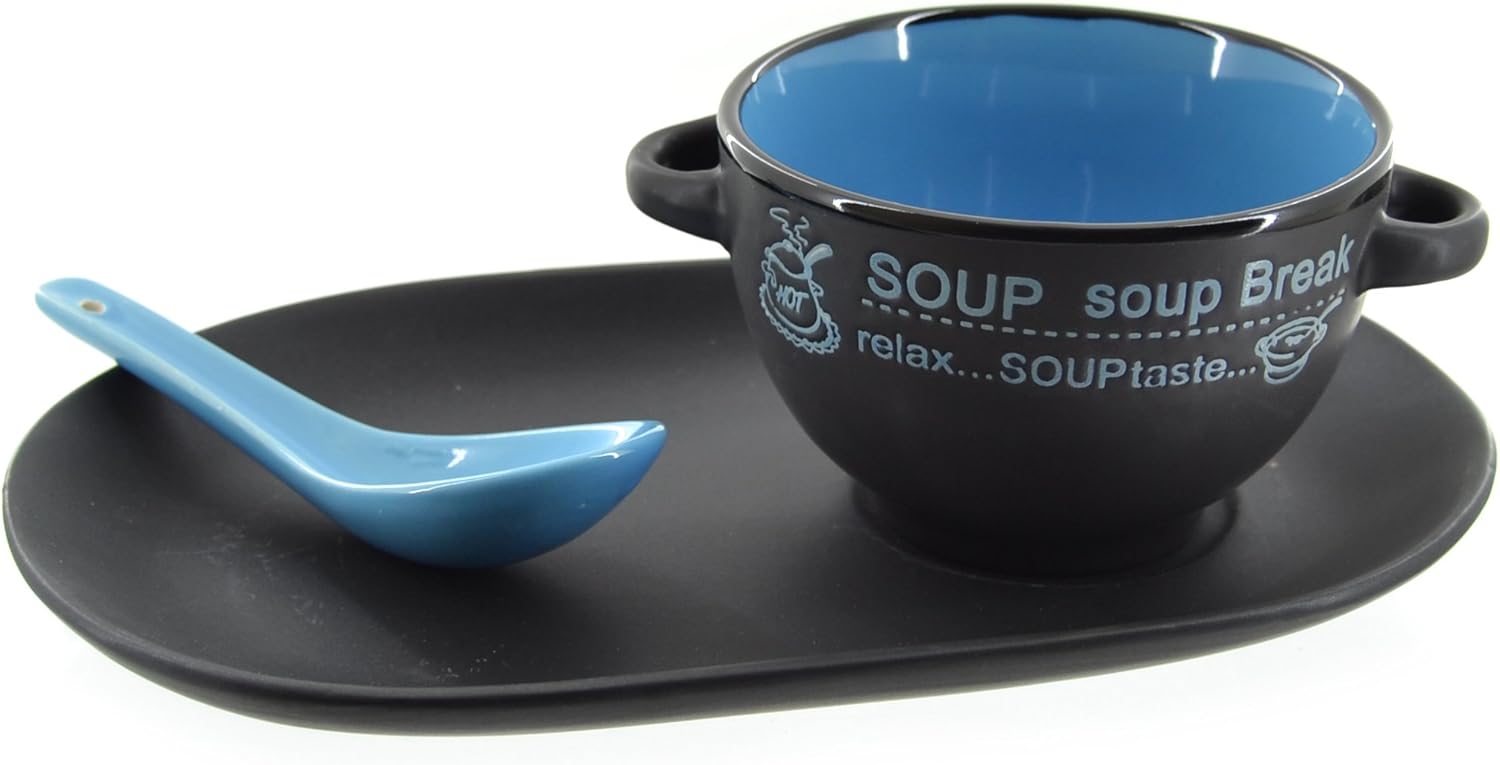 Blue & Black Soup Bowl With Spoon & Plate Set Amazon.co.uk Kitchen & Home