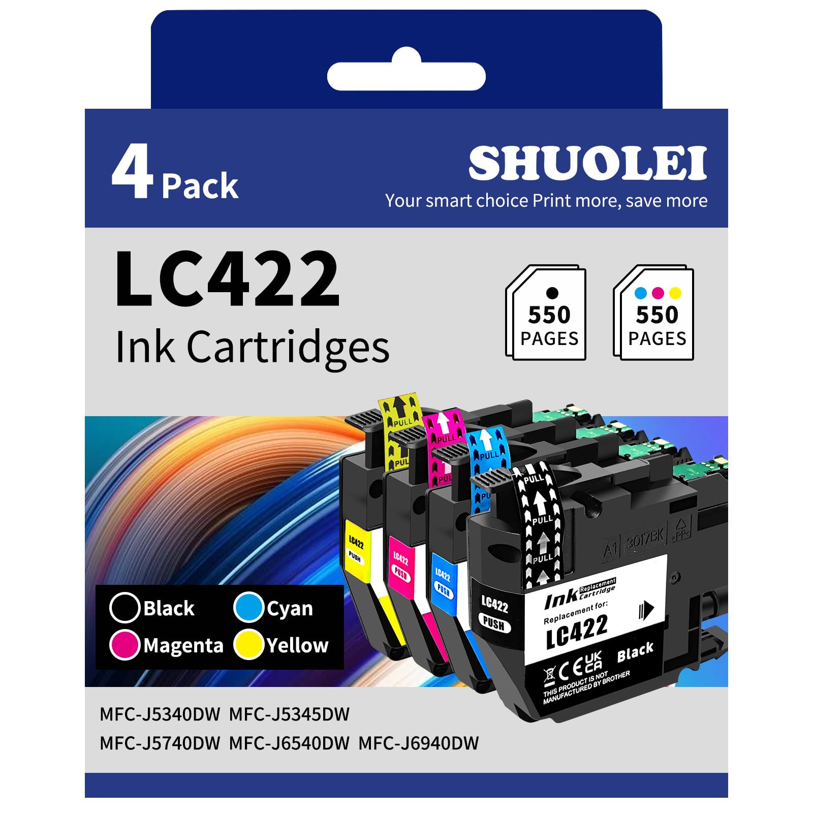 LC422 Ink Cartridges Compatible with Brother LC422 LC-422 XL Inkjet Cartridges Multi-Pack Standard Yield, for MFC-J5340DW MFC-J5345DW MFC-J5740DW MFC-J6540DW MFC-J6940DW (4 Pack, BK/C/M/Y)