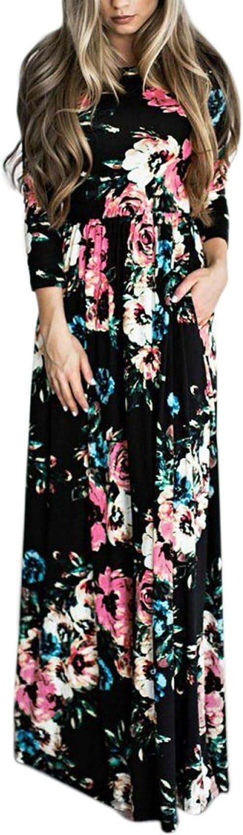 LiMiCao Women Fashion Printed Long Dress Three Quarter Sleeve Retro Flower Floor Length Maxi Dress (3XL, Black)