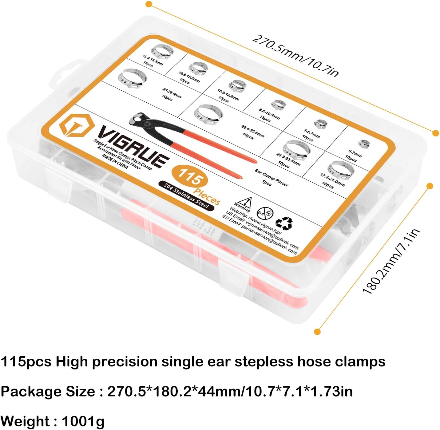 VIGRUE 115Pcs 304 Stainless Steel Single Ear Hose Clamps, 6-28.6mm Stepless Hose Clamps with Ear Clamp Pincer, Cinch Rings Crimp Hose Clamps Assortment Kit for Water Pipe, Plumbing and Automotive Use - - 