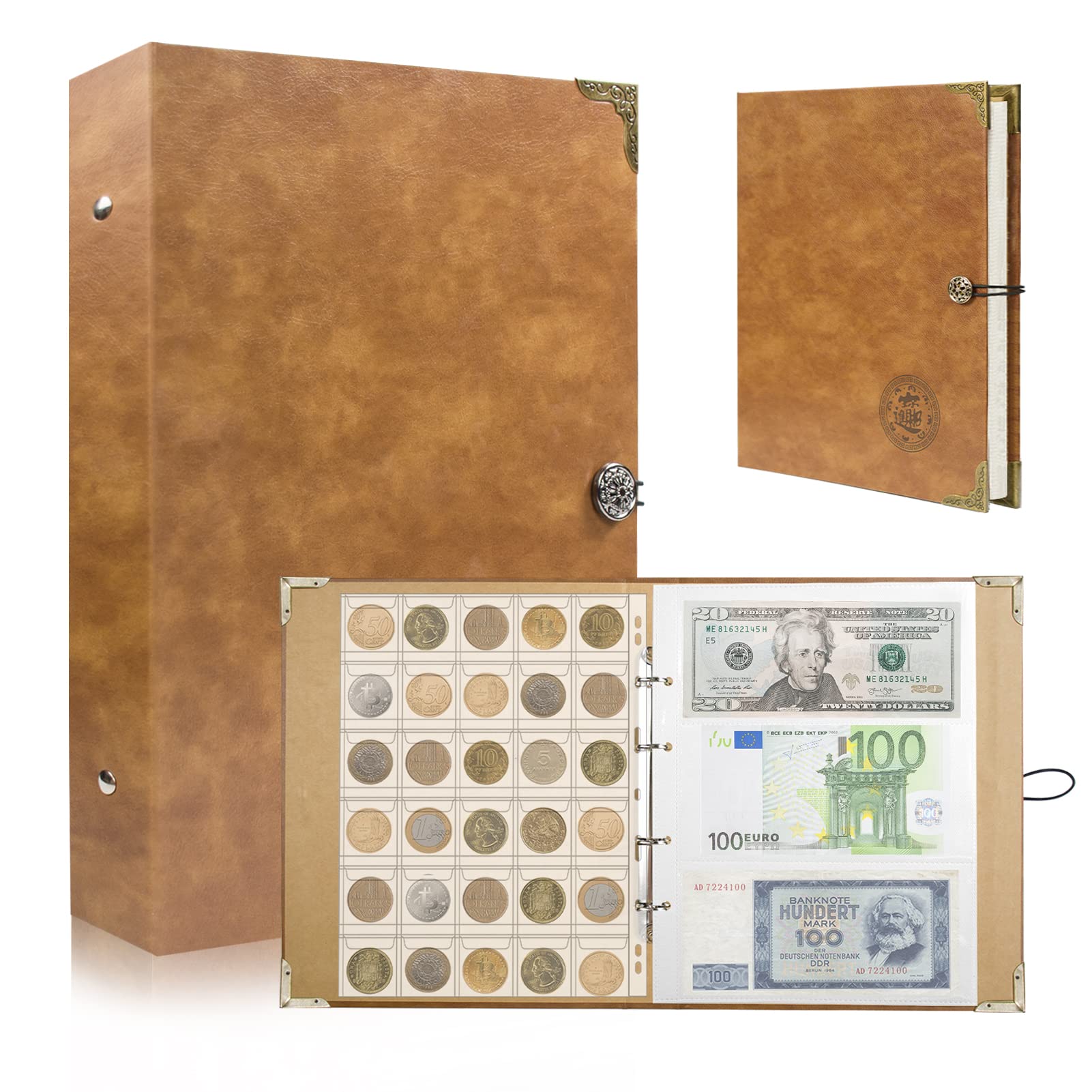 360 Pockets Coin and Paper Money Collection Album, JC-Houser Loose-leaf Coin Collecting Holder Book Supplies, Penny Currency Display Storage Binder for Collectors