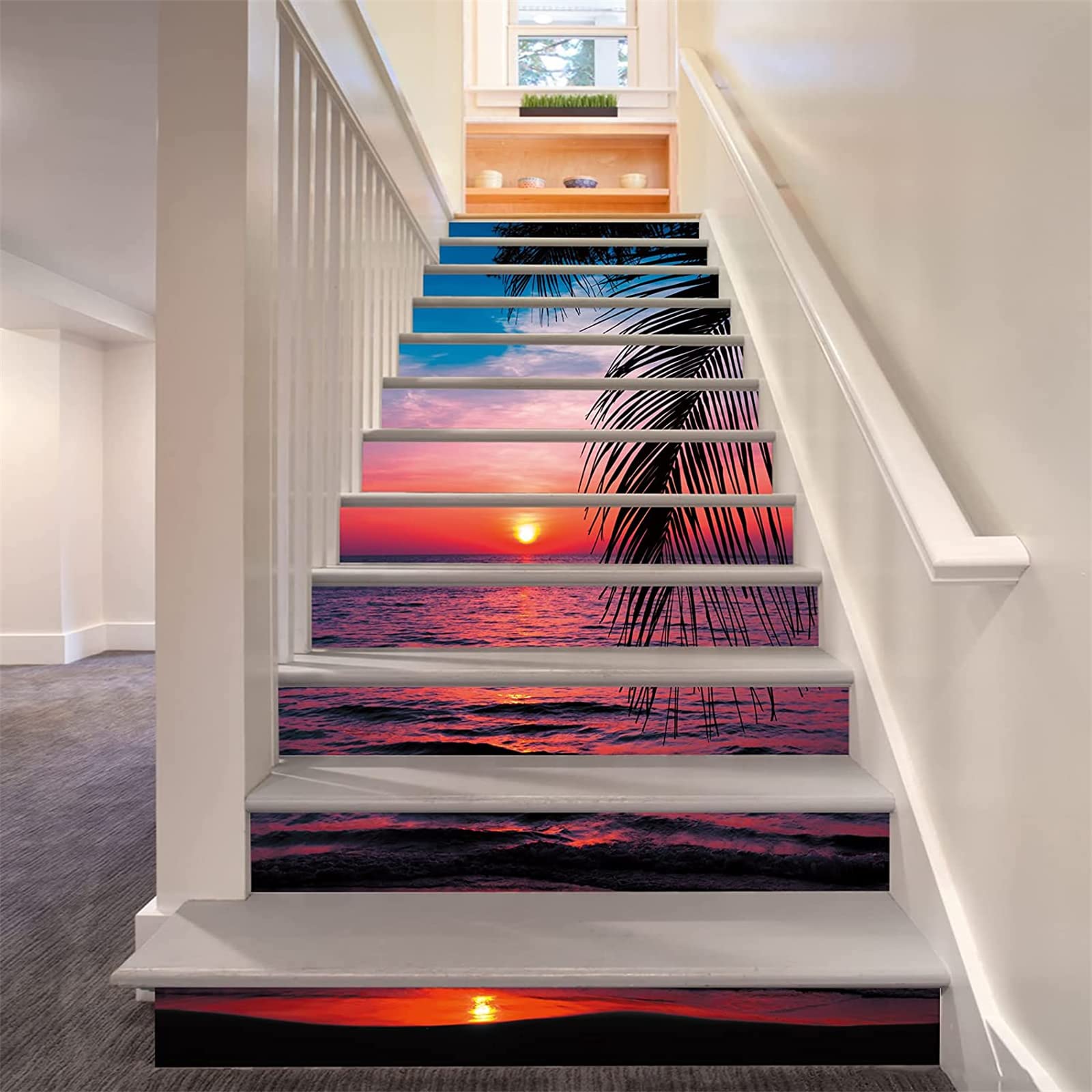 FLFK 13Pcs Stair Risers Stickers Peel and Sick 39.37"x7.08",Self-Adhesive Staircase Stickers Decals, Sunset Tropical Beach Mural Wallpaper for Stair Steps