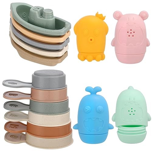 Baby Bath Toys for Kids,Silicone Mold Free Bath Toys Sensory Squeeze Squirting Toys with Stacking Bath Boats and Bathing Spoon,Bathtub Toy Pool Beach Floating Water Toys for Toddlers 1 2 3+