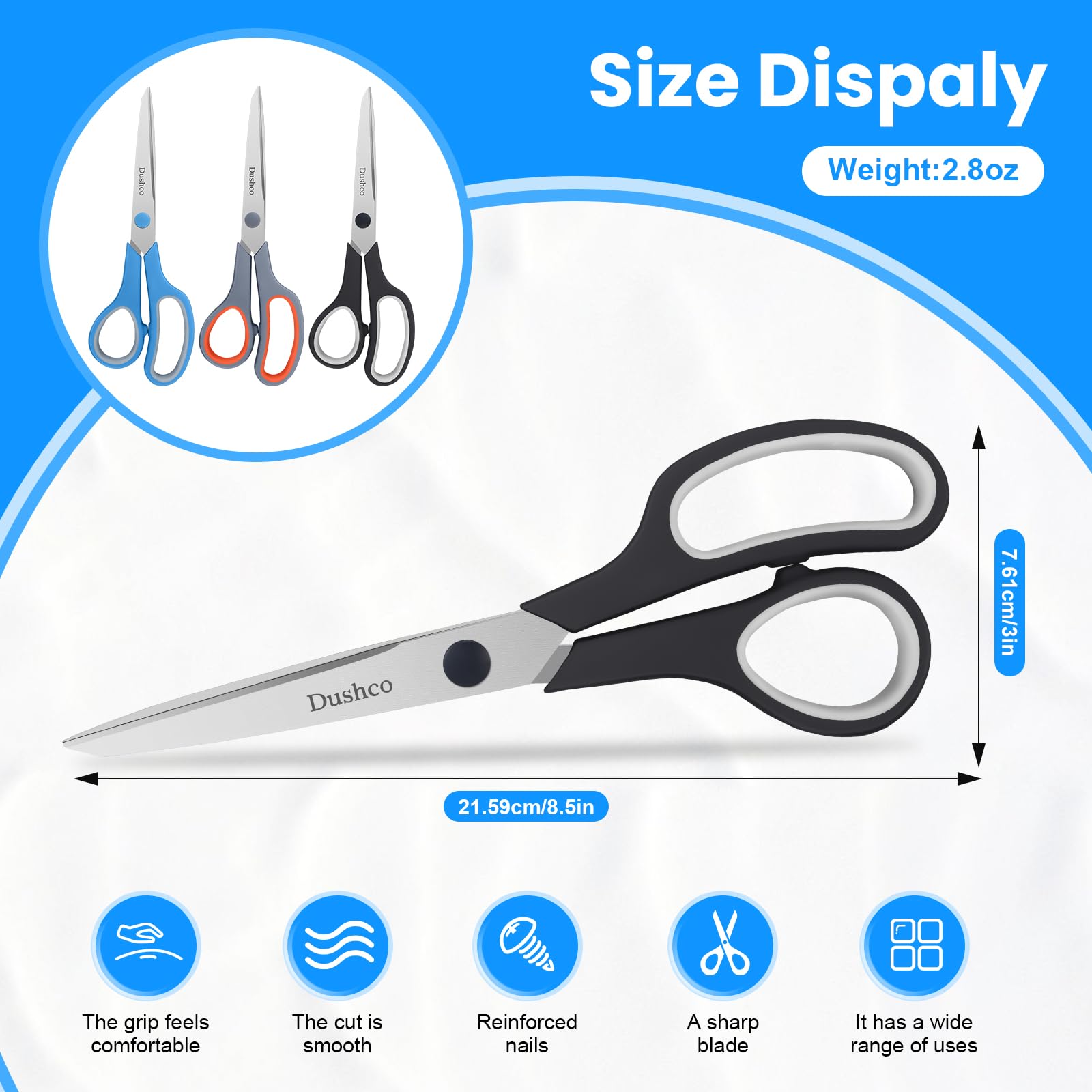 Scissors, Dushco 8.5 Inch Multipurpose Scissors Bulk Set of 3 Pack, Ultra Sharp 2.5mm Thick Scissor for Office Home School Sewing Fabric Craft Supplies, Soft Comfort-Grip Right/Left Hand