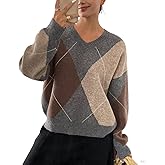 chouyatou Women's 2025 Fall V-Neck Argyle Sweaters Pullover Oversized Chunky Knit Casual Sweater Top