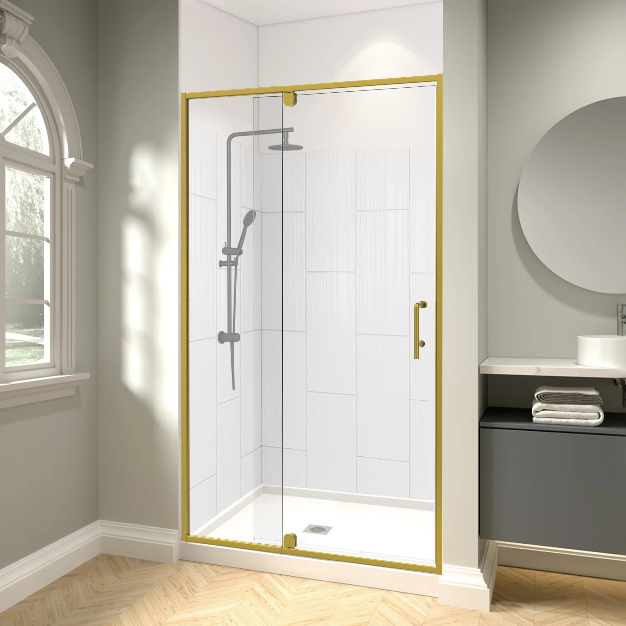 Photo 1 of Pivot Shower Door, 38-42" W x 72" H Semi-Frameless Pivot Swing Shower Door with 1/4" (6mm) Clear SGCC Tempered Glass, Left or Right Installation, Brushed Gold