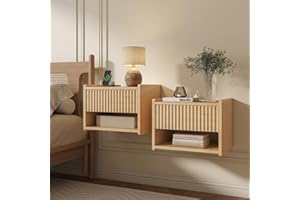 LYNCOHOME Floating Night Stands Set of 2, Fluted Bedside Table with Charging Station, Nightstand with Drawer for Bedroom, Nat