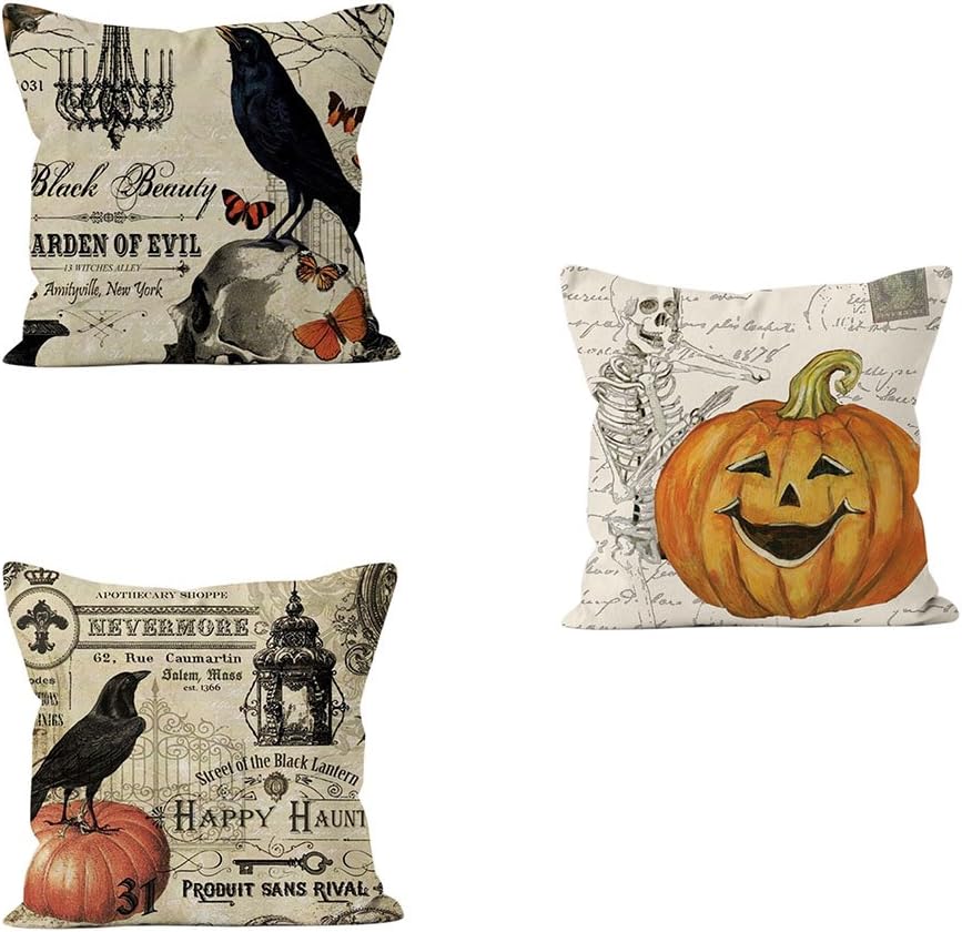 PSDWETS Halloween Decorations Bird,Skull and Pumpkin Pillow Covers Set of 3 Home Decor Cotton Linen Throw Pillow Covers Cushion Cover 18 X 18