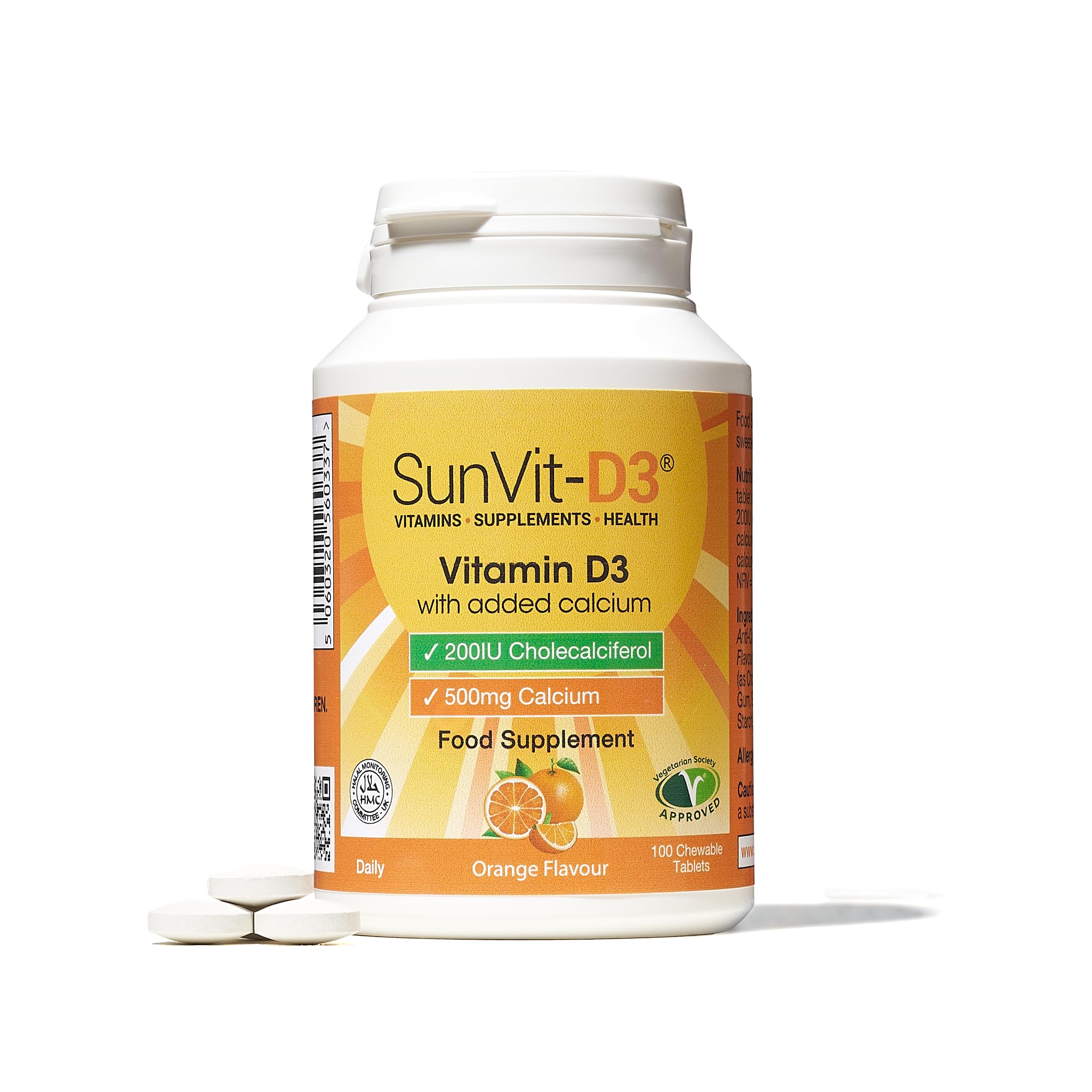 SunVit-D3 Vitamin D3 200IU with Added Calcium Tablets - Calcium and Vitamin D Tablets 500mg Support The Maintenance of Bone, Teeth, Muscle & Immune System - 100 Orange Chewable Calcium Tablets