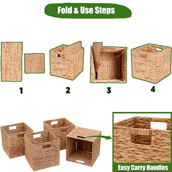 JGJCYO9 STORAGE BASKETS 11X11INCH CUBE BASKETS 4 PCS BASKETS,FOLDABLE HANDWOVEN WATER HYACINTH LAUNDRY ORGANIZER,CUBE STORAGE BASKETS