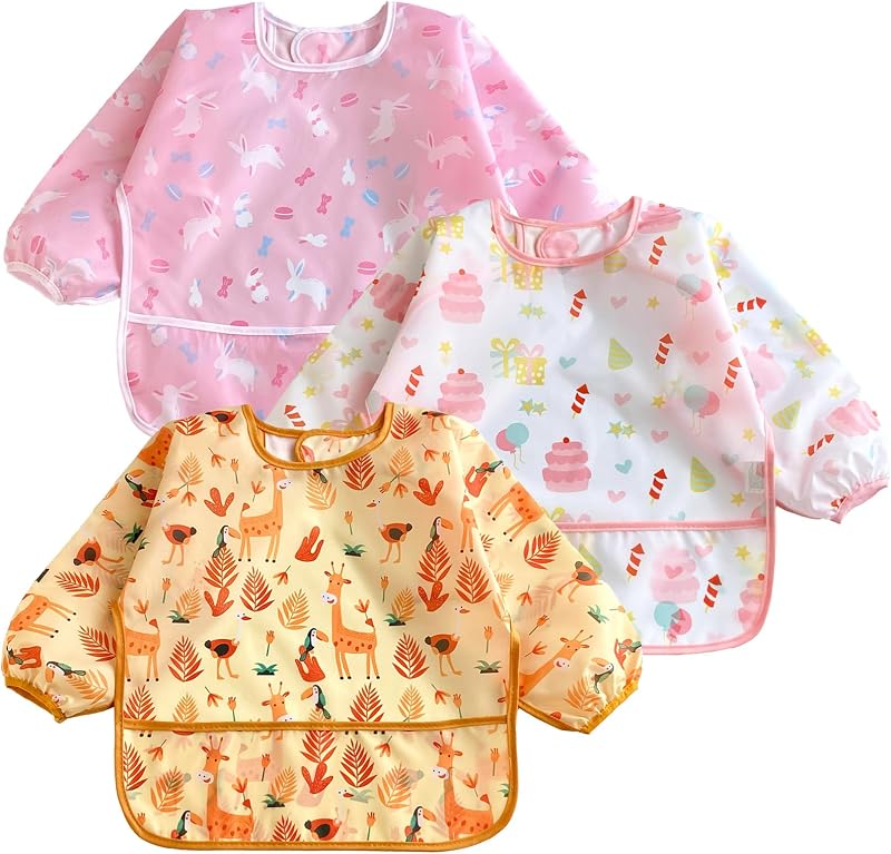 PandaEar 3 Pack Sleeved Bibs for Babies Waterproof 6-24 Months