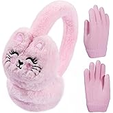 Kids Cat Dog Earmuffs and Gloves Set Plush Animal Ear Muffs for Boys Girls Winter Ear Warmer Cover 7-14 Years