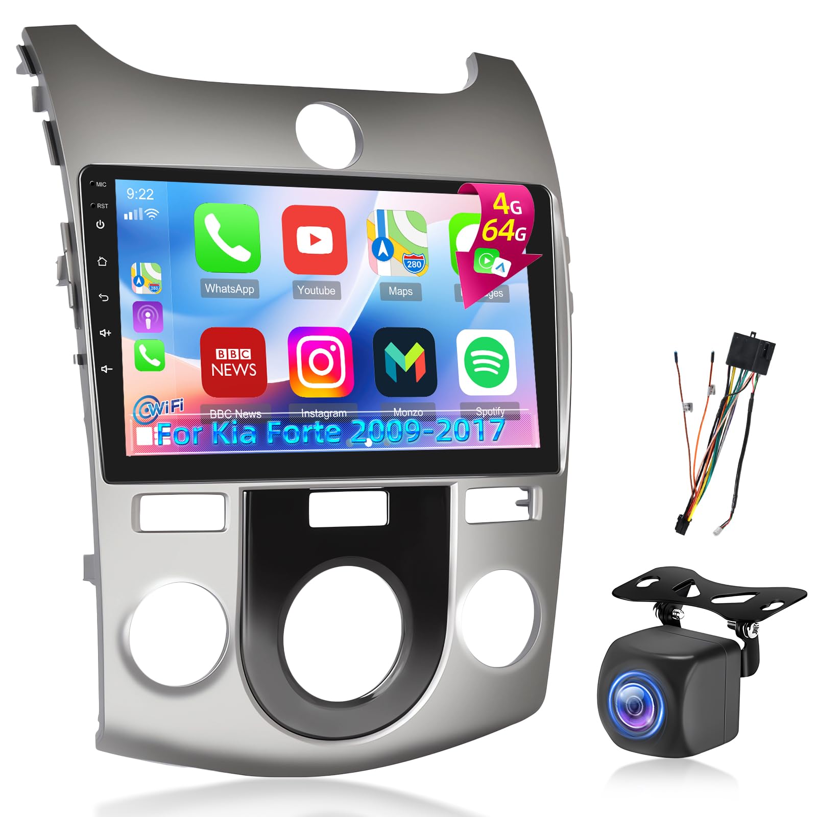 Photo 1 of [8 Core Qualcomm 4+64G] for Kia Forte Car Stereo 2009-2017 with Wireless Carplay and Android Auto - 9 Inch 1280 * 720 IPS Touchscreen Android Car Radio - DSP/GPS/WiFi/SWC + AHD Backup Camera