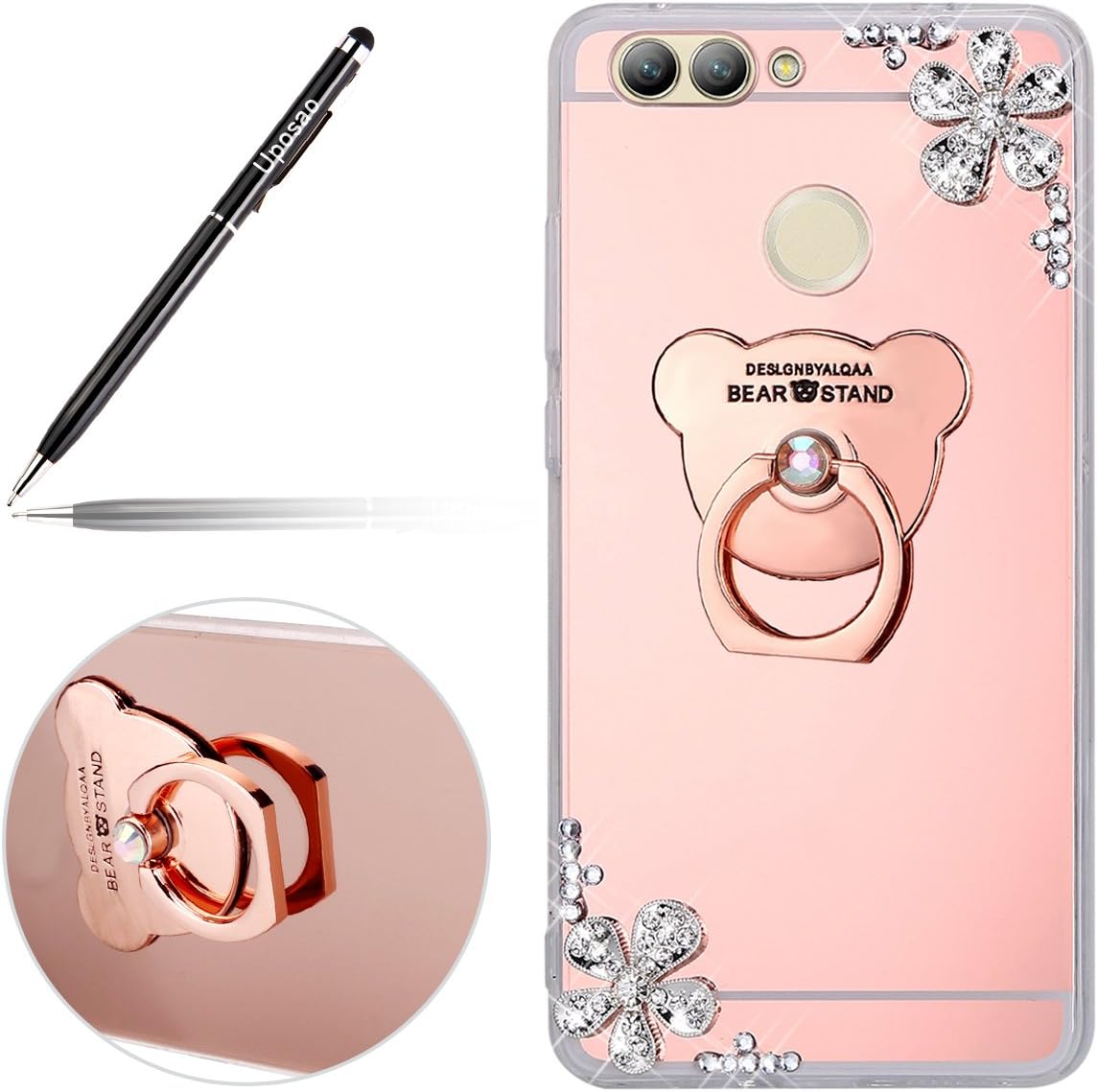 Compatible with Huawei Nova 2 Case Clear Silicone, Flower Glitter Phone Case Compatible with Huawei Nova 2, Cute Lovely Bear Ring Stand Holder Ring Kickstand Glitter Diamond Crystal Rhinestone Sparkl
