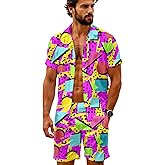 Artsadd 80s 90s Outfit for Men Hawaiian Shirt and Shorts Set Beach Party Outfits