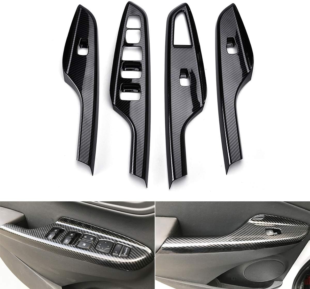 Alamor left hand drive Carbon Fiber Style Door Window Switch Panel Cover Decoration Sticker Trim compatible with Hyundai Kona 2018-2019