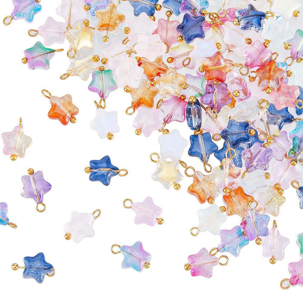 HOBBIESAY 100Pcs Small Colorful Star Dangle Pendants Mixed Color Dangle Glass Star Charms Tiny Smooth Pentagram Charms End Drop Beads with Golden Brass Loop for DIY Jewelry Making Hole 1.6mm