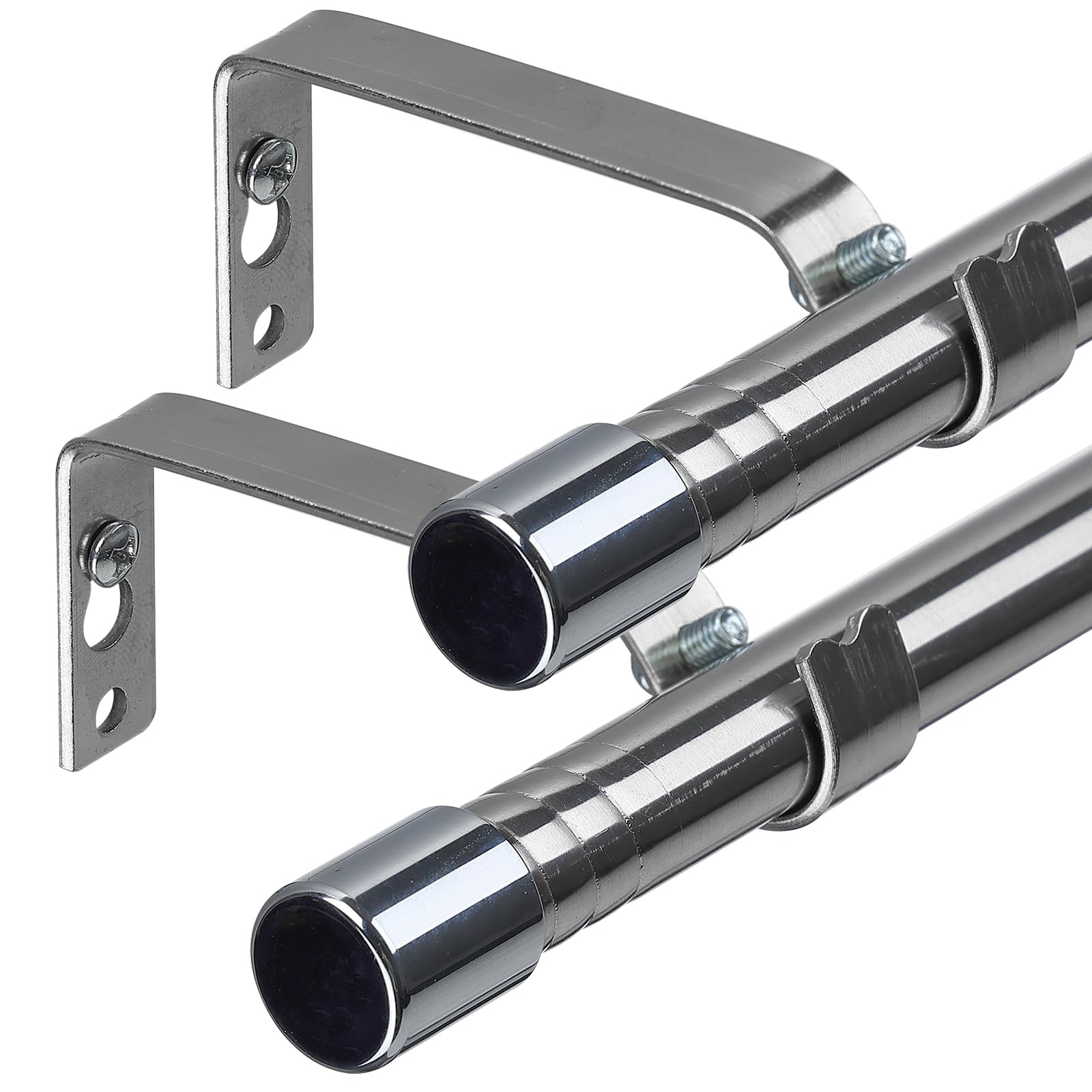 Curtain Poles for Window, Single Curtain Rod with Silver Finials 76 to 198 cm, Adjustable Silver Curtain Pole with Brackets Fittings Set for Living Room & Door, 2 Pack