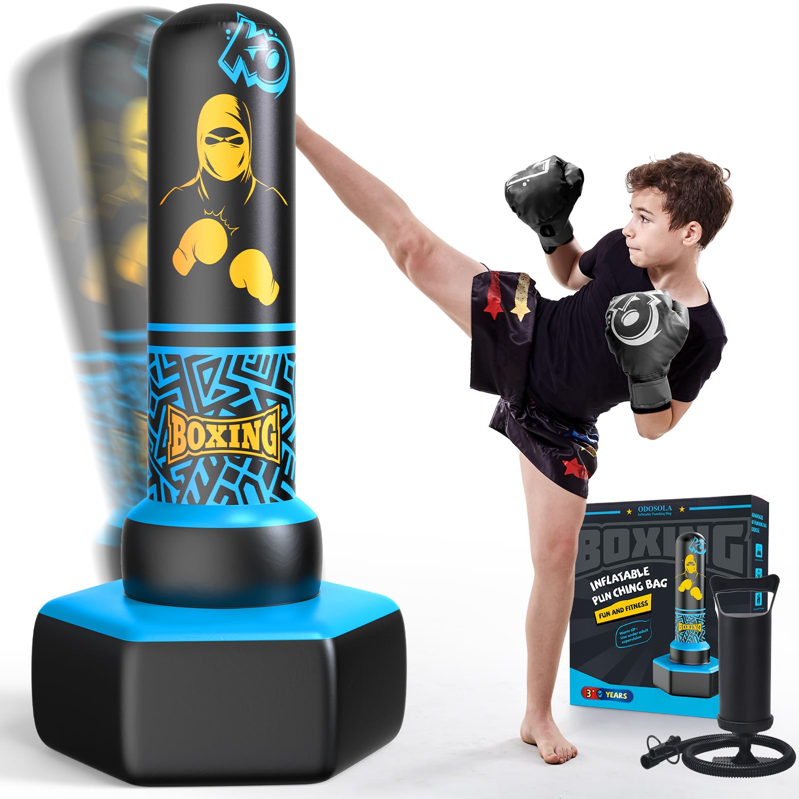 Photo 1 of ODOSOLA 67'' Inflatable Punching Bag Freestanding for Kids Aged 3-12 – Heavy Duty Boxing Set for Karate & Taekwondo, Stable Boxing Bag Active kids Toy, Christmas Birthday Gift for Boys and Girls, Blue