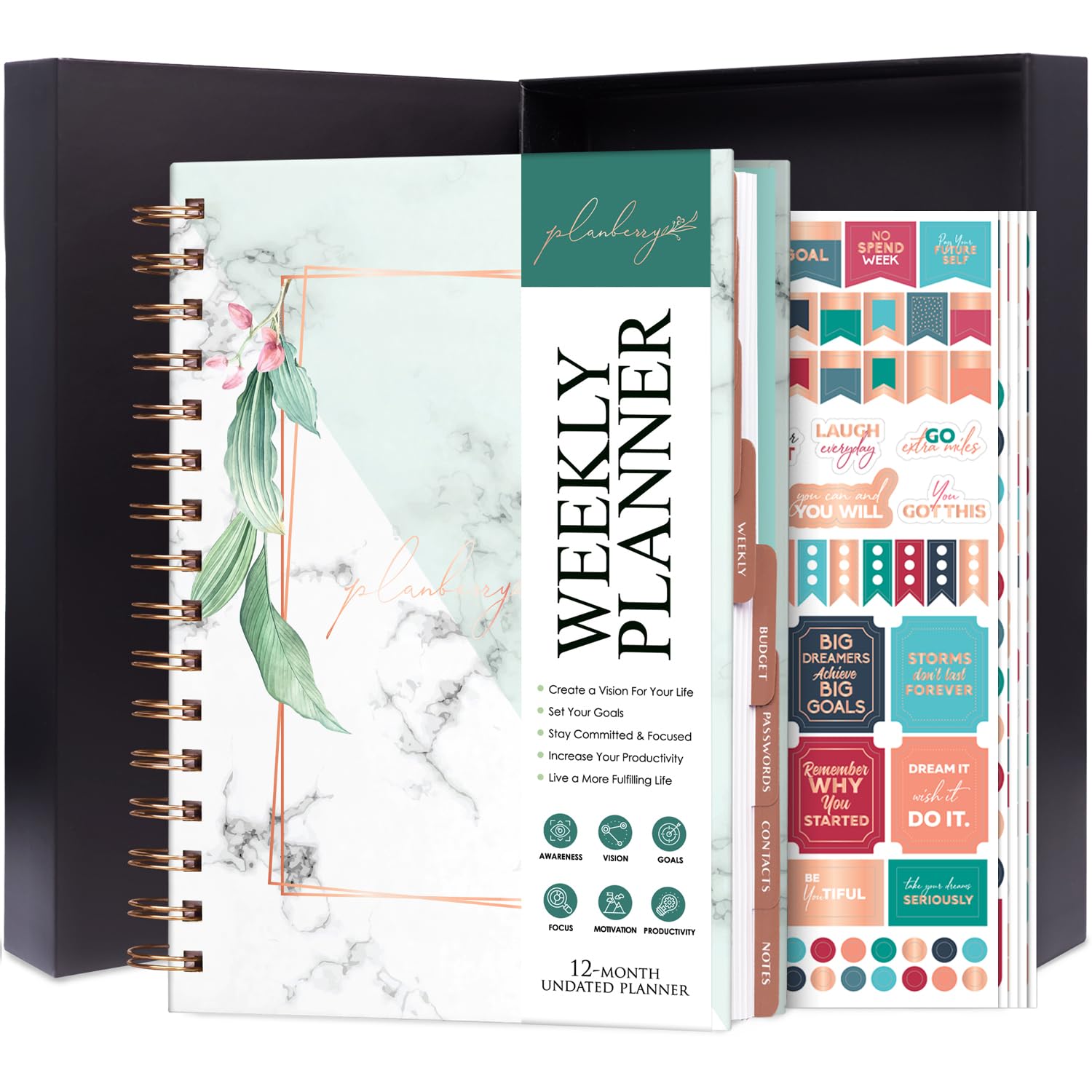 PLANBERRY Weekly Planner – Elegant Life & Budget Planner to Hit Your Goals & Live Happier – Organizer & Productivity Journal – 17.5 x 21.5cm Hardcover, Undated + Stickers (Natural Green) — image 1
