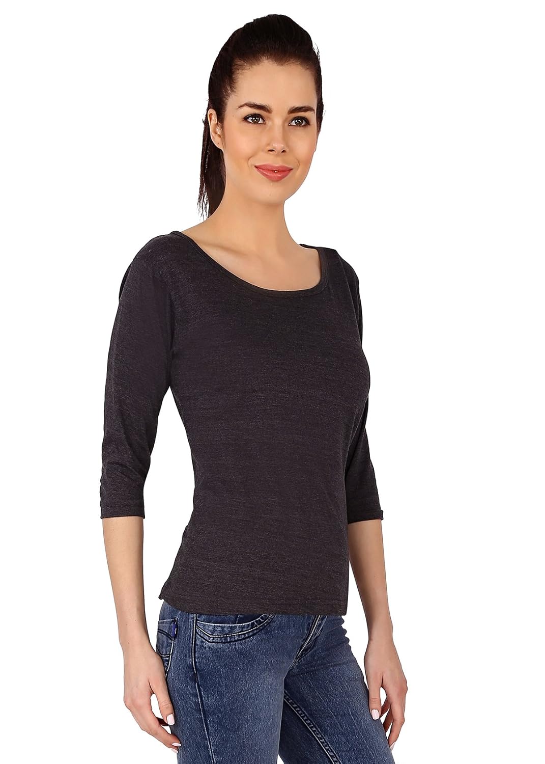 covet womens cotton boat neck 3/4 sleeveantra melange t-shirt