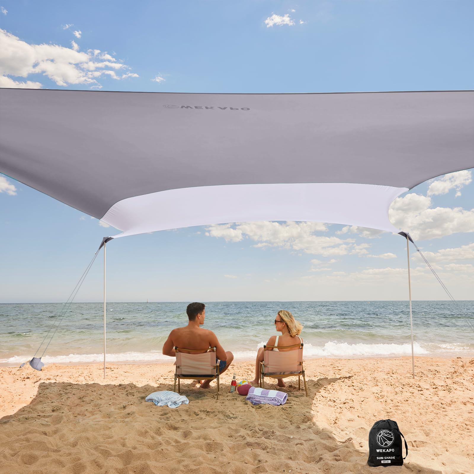 Photo 1 of WEKAPO Beach Shade Canopy, 7x7 FT Beach Tent Sun Shelter with 4 Poles, Large Sand Shovel and Ground Pegs, UPF 50+ Outdoor Shade for Camping Trips, Fishing (Grey, 7x7 FT 4 Pole)