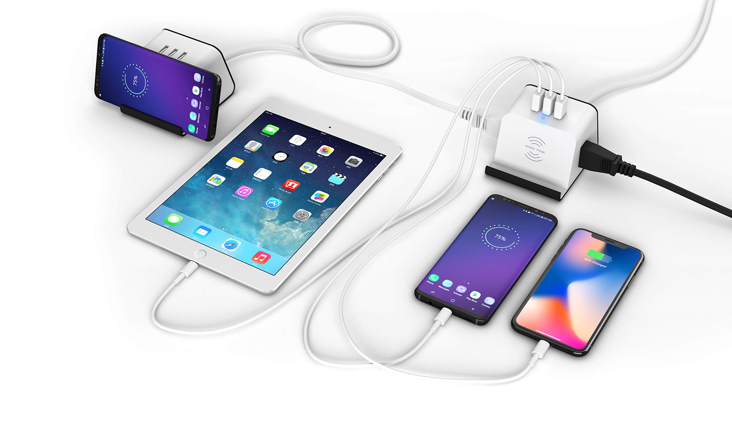 Desktop Power Socket with Wireless Charger Power Strip,2 US Plug and 3 USB Desk Outlet Charging Station Compatible with iPhone Xs, XS Max, XR, X, 8, Partial Samsung Galaxy, Qi Certified 5W