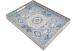 Omuriko Rectangle Plastic Serving Tray with Handles, Elegant Decorative Tray for Coffee Table, Ottoman, Living Room, Kitchen, Outdoor Use. 12"*16"*1.6" B