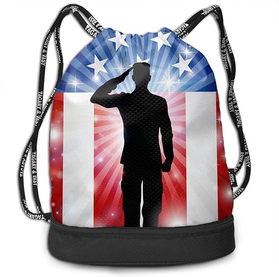 Drawstring Backpack,American Flag Soldier Print Sport Travel Gym Bundle