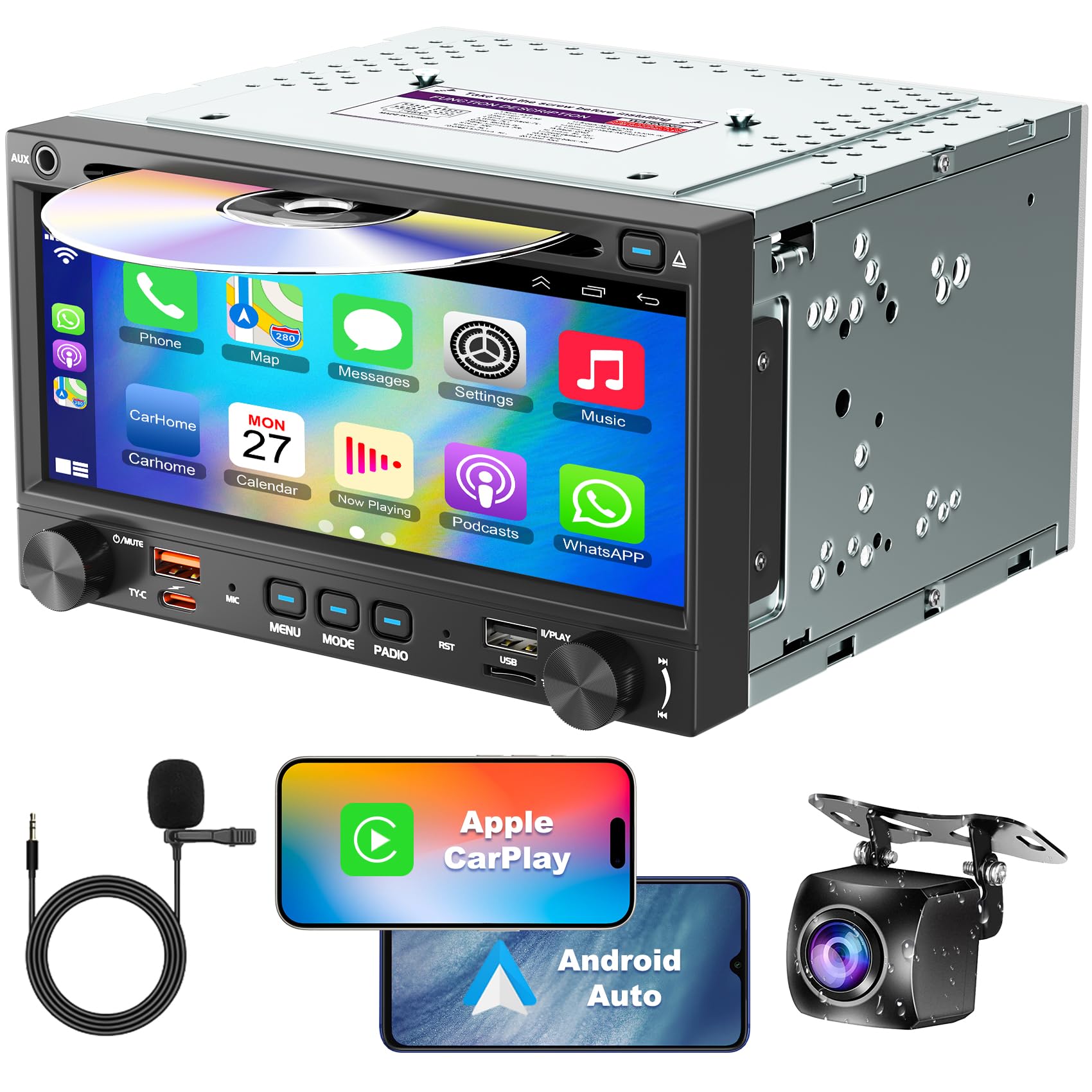 Photo 1 of **CRACKED SCREEN** Double Din Car Stereo CD DVD Player with Wireless Carplay&Android Auto, 7 inch Car Radio 4.2-Channel Audio Output Bluetooth & Voice Control, Mirror Link, Backup Camera, AM/FM Radio Type-A/C Subwoofer