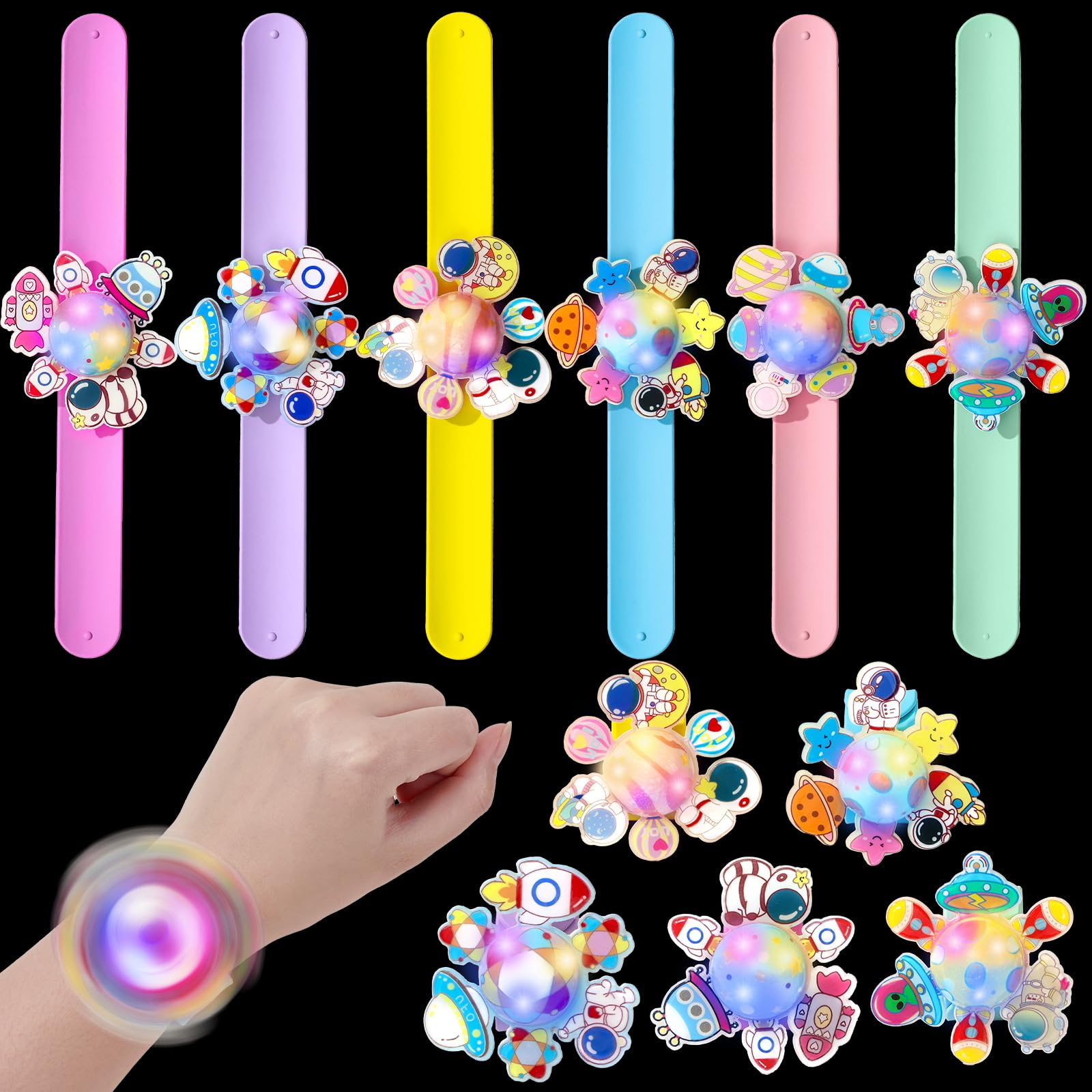 Photo 1 of 12Pcs LED Light Up Rotating Slap Bracelets Space Party Favors Glow Bracelets, Glow In The Dark Party Supplies Planet Astronaut Birthday Gifts Goodie Bag Stuffers Classroom Rewards for Kids Boys Girls