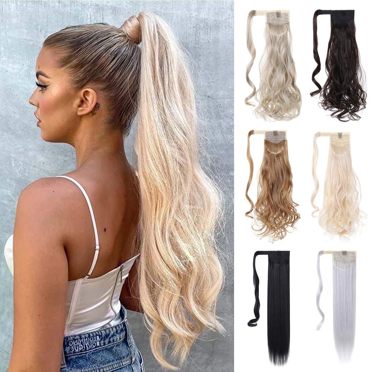 XBwig Ponytail Hair Extension 18" 23" Clip In Straight Curly Drawstring Hairpiece Synthetic Wrap Around Hair Piece For Women 90G(23" Silver Grey)