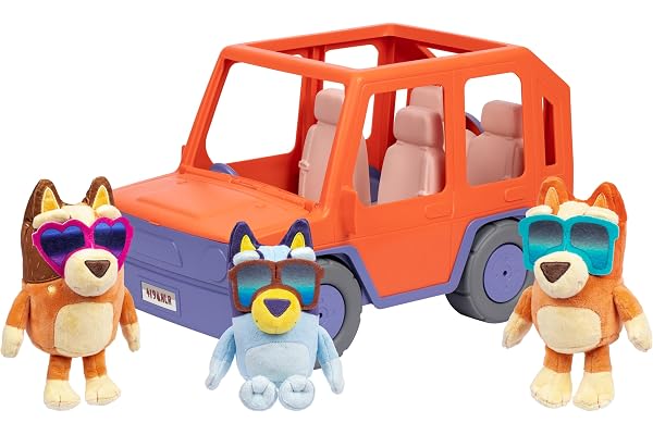 Bluey Big Heeler 4WD Toy Car, Bingo & Chilli Plush Buddies | Mega-sized car with opening hood storage & sticker sheet; Bluey 