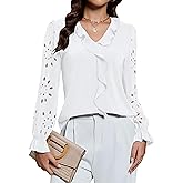 Blooming Jelly Womens Dressy Casual Blouses Business Work Tops Eyelet Long Sleeve Shirts Ruffle V Neck Fall Outfits