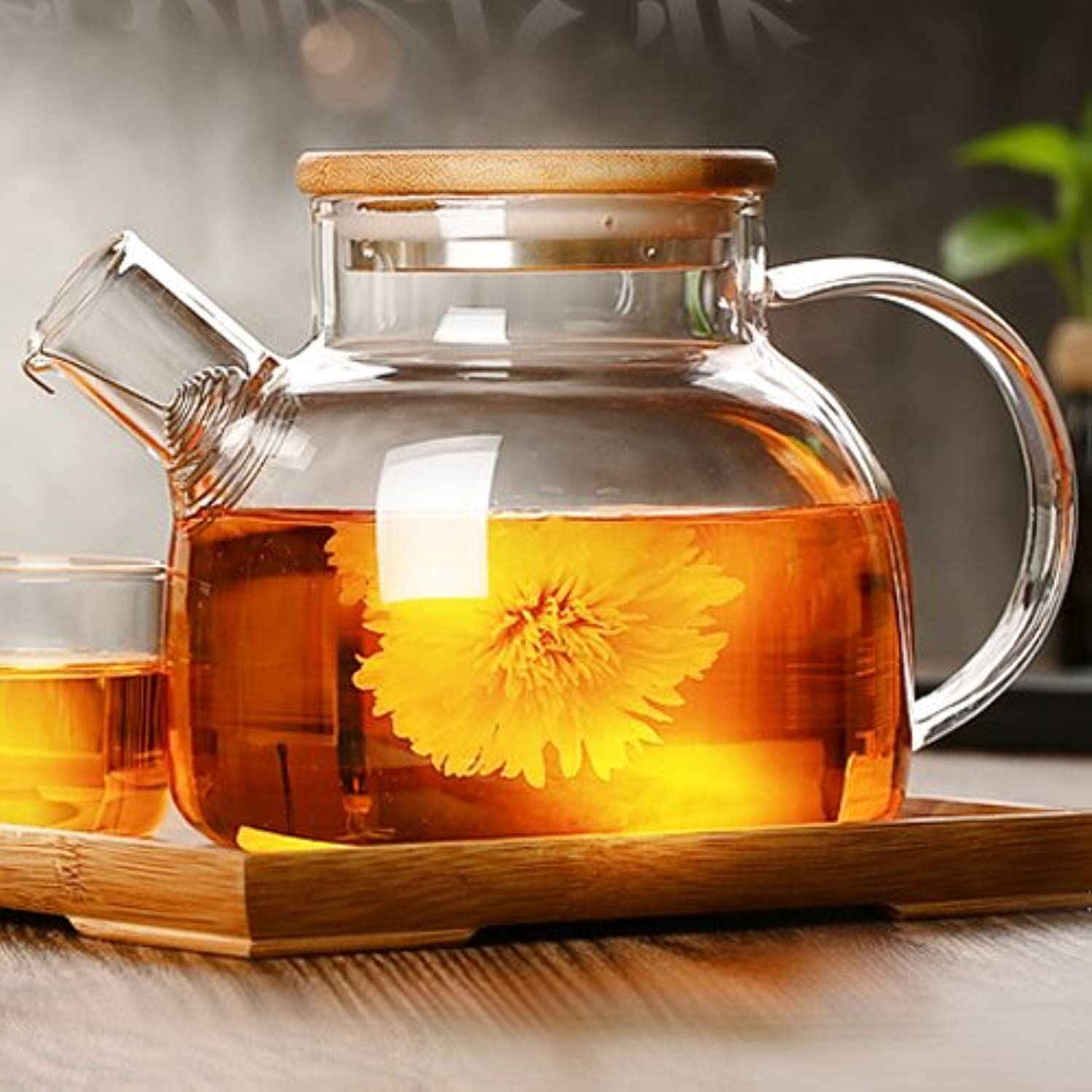 Cosy-YcY Glass Teapot with A Filter Coil, Teapot with Strainer for Loose Tea,Tea Kettle and Tea Maker, Bamboo Lid with Stainless Steel Bottom and Filter Coil(1000ML/35oz)