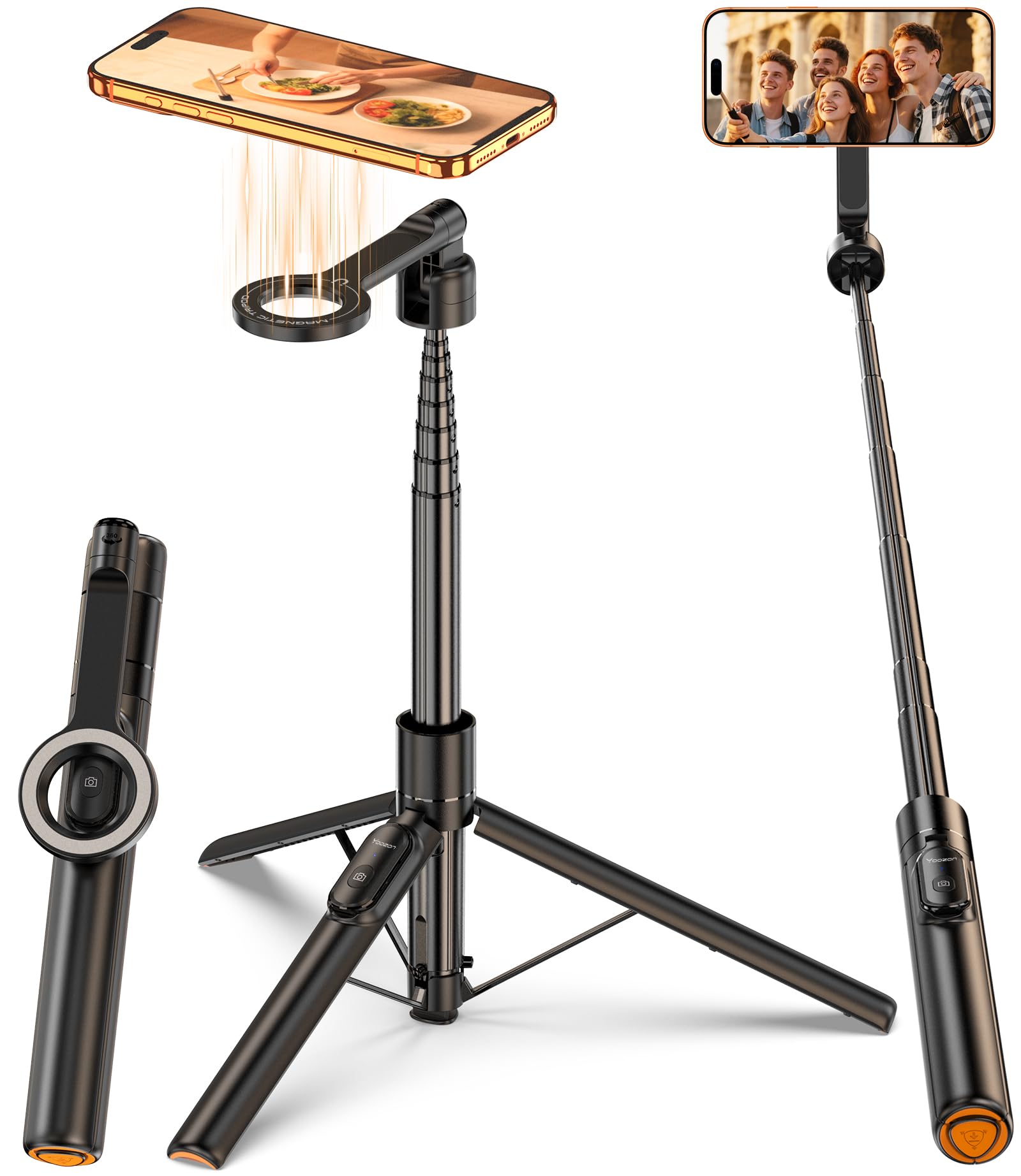 for Mag Safe Tripod for iPhone, 360° Rotating Head for Front & Rear Shooting, 65” Selfie Stick for iPhone Android with Remote & Metal Ring, Magnetic Phone Tripod Stand for Video Recording Travel