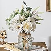 COZZI CODI Artificial White Flowers with Vase, Fake Flowers Arrangement for Home Decor, Faux Flowers for Farmhouse Coffee Table Decor, House Kitchen Centerpiece Table Decorations