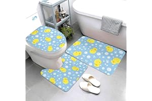 Jbofyee Cute Rubber Ducks 3 Piece Bathroom Rugs Set, Bath Mat + Contour Mat + Toilet Seat Cover, Non-Slip Soft Microfiber Bathmat for Tub Shower Room Decor, Machine Washable