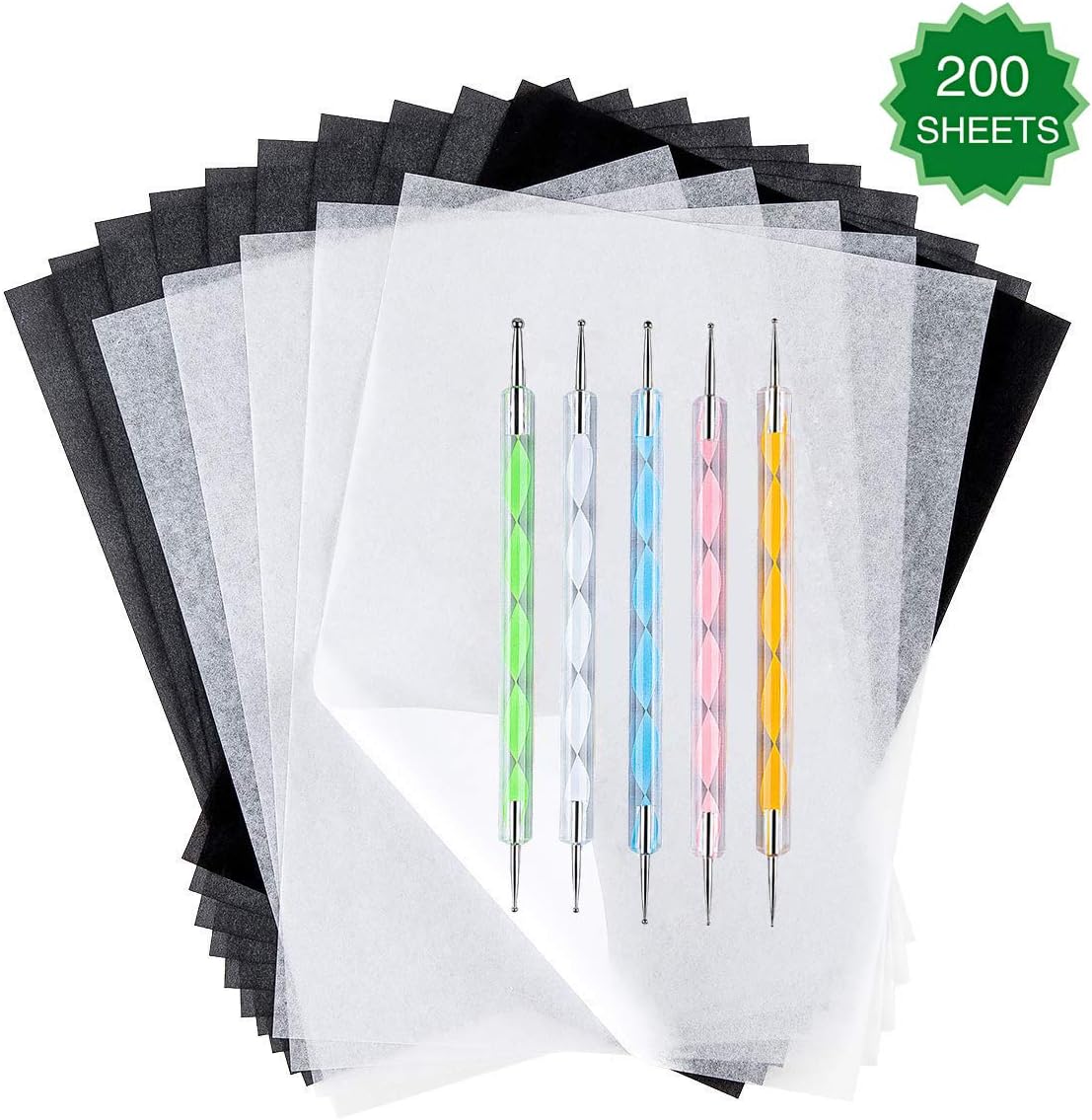 200 Sheets Carbon Paper Black Graphite Paper Transfer Tracing Paper and 5 Pieces Ball Embossing Styluses for Wood, Paper, Canvas and Other Art Craft Surfaces (Black&White)