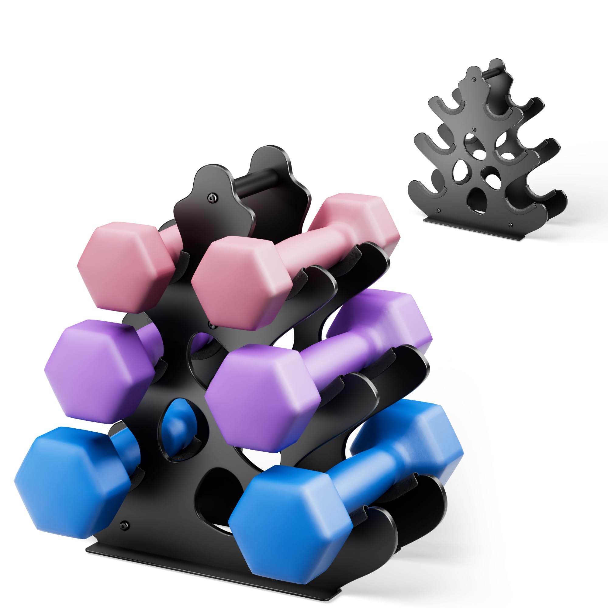 Photo 1 of Dumbbell Rack Stand (Dumbbells Not Included) with Anti-Slip Pads for Home Gym, 3 Tier Compact A-Frame Design Weight Rack with Handle, Coral-Inspired & Space-Saving Dumbbell Holder