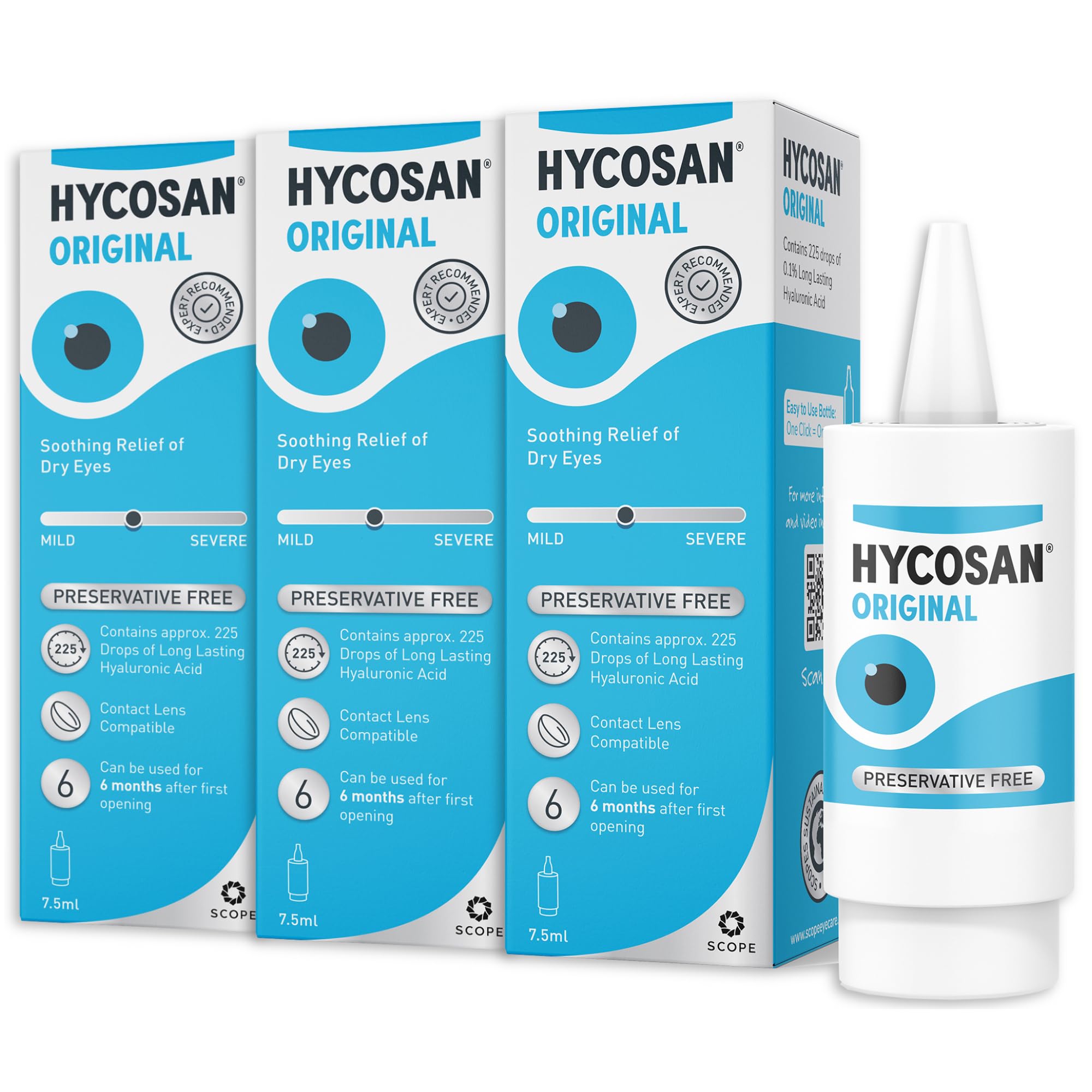 Hycosan Original - Triple Pack - Preservative Free Eyedrops - Sodium Hyaluronate 0.1% - Eye Drops for Mild to Moderate Dry Eye Symptoms and Contact Lens Irritation - 3x7.5ml