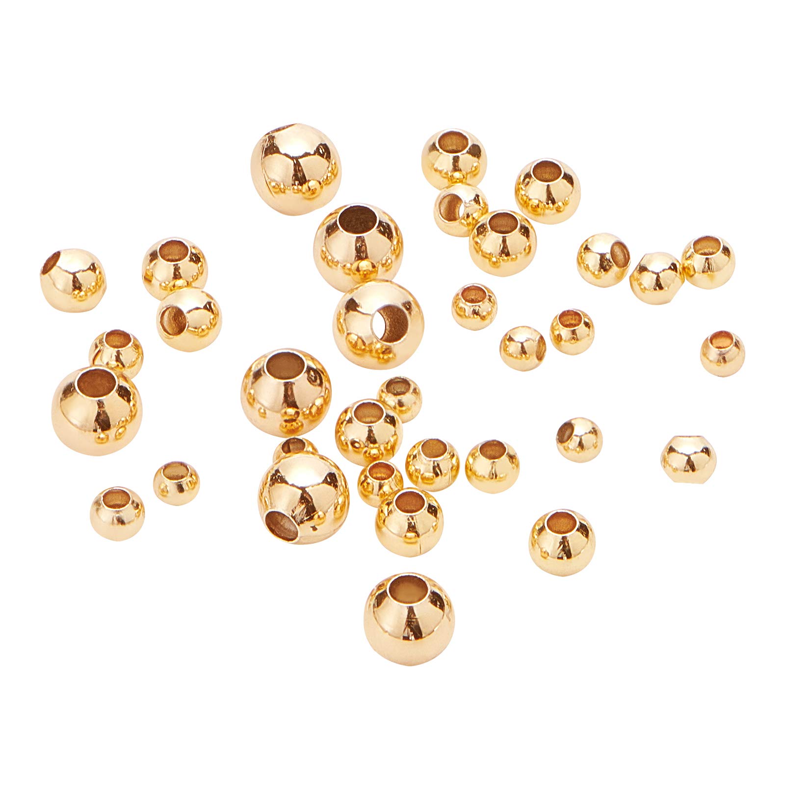 BENECREAT 200Pcs 18K Gold Plated Brass Beads Round Spacer Beads with 4 Mixed Size(0.5-1.5mm Hole) for Valentine's Day, Necklaces, Bracelets and Jewelry Making