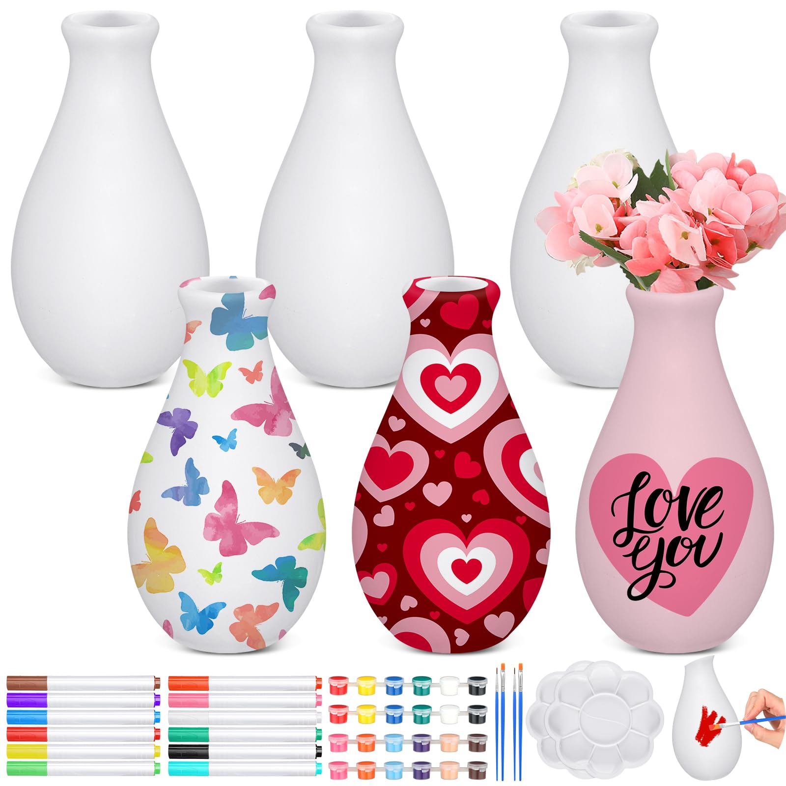 Photo 1 of 6 Set Mother's Day Ceramics to Paint DIY Your Own Ceramic Painting Kit for Crafts Vase to Paint Unpainted Plaster Paintable Kit Mother Art DIY Craft Supply with Brush Palette for Adult(Delicate)
