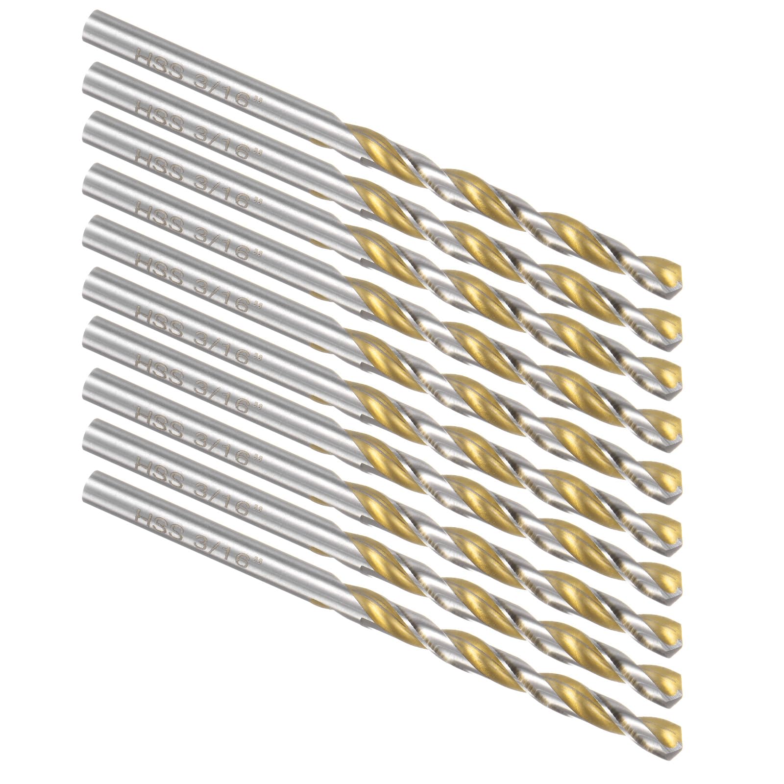 Kozelo 10Pcs Twist Drill Bit - [3/16"] Titanium Oxide Gold High-Speed Steel Round Shank Jobber Bit Set for Metal Wood Plastic Steel Use, 51mm / 2.01" Blade Length