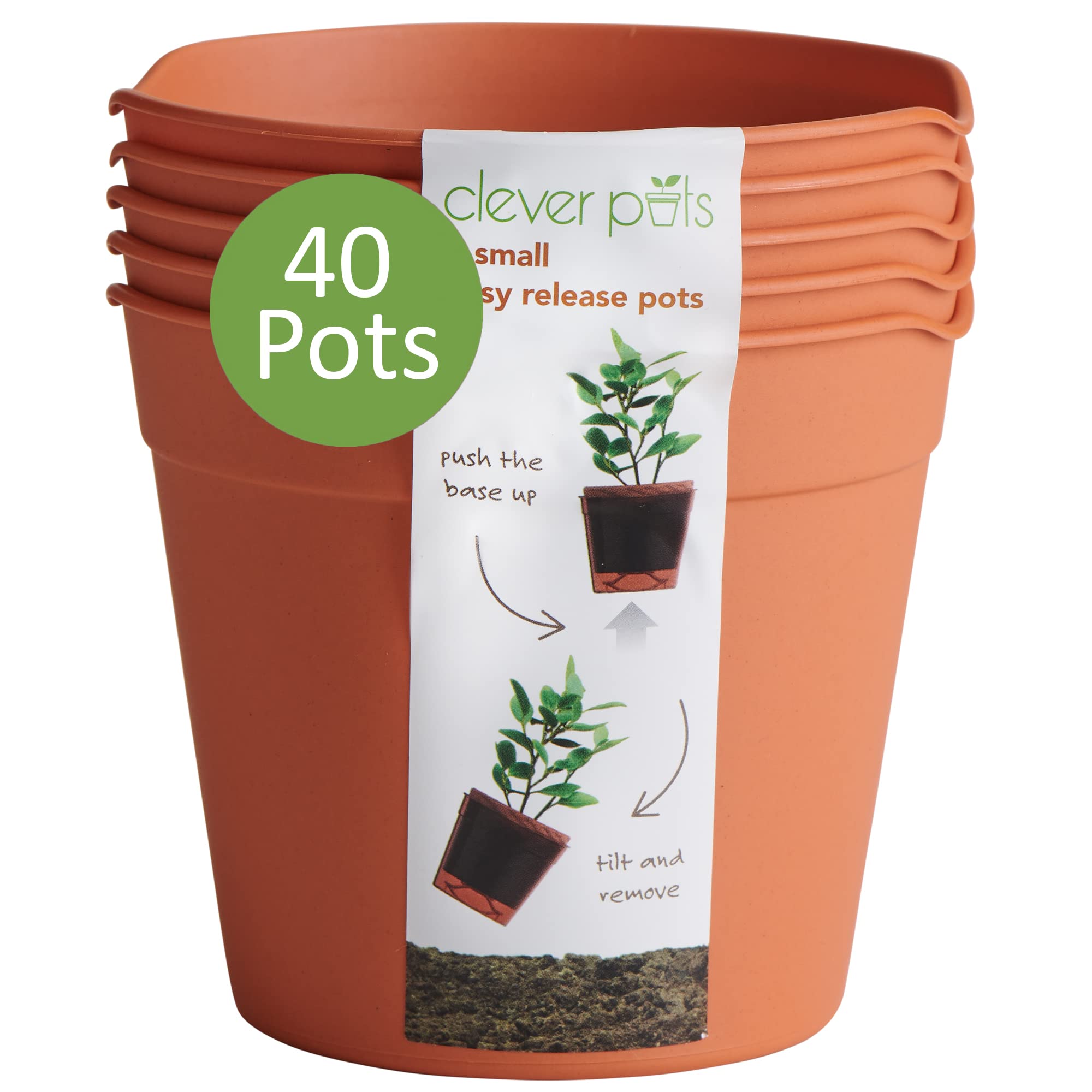 Clever Pots Easy Release Plastic Plant Pots, 40 x Small Outdoor or Indoor Plant Pots for Healthy Root Growth, Each Pot is Lightweight & Weather Resistant for Flowers & Plants, Terracotta