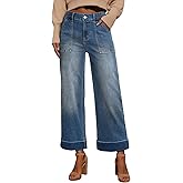 EVALESS Womens High Waist Wide Leg Jeans Trendy Cropped Denim Pants Solid Ankle Length Stretchy Jeans with Pockets